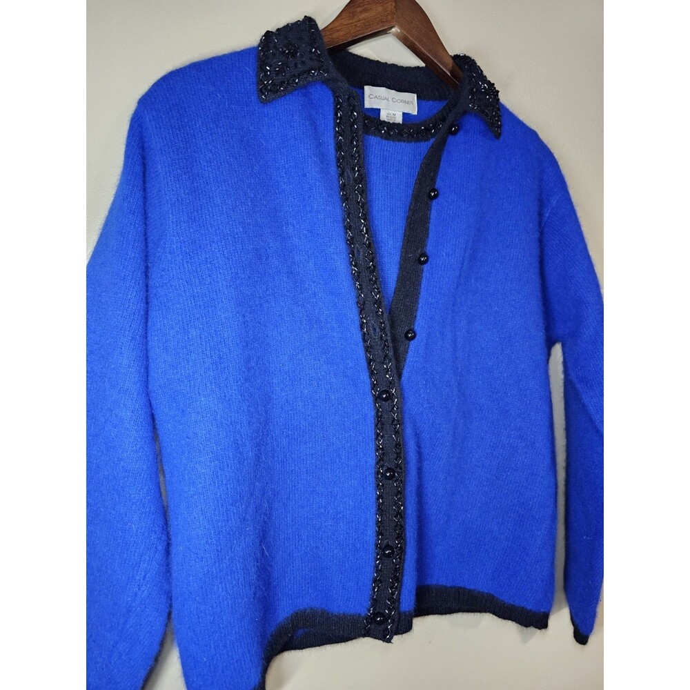 VTG 80s Casual Corner 2pc Angora Wool Twin Set Beaded Cardigan Pullover Blue L/M